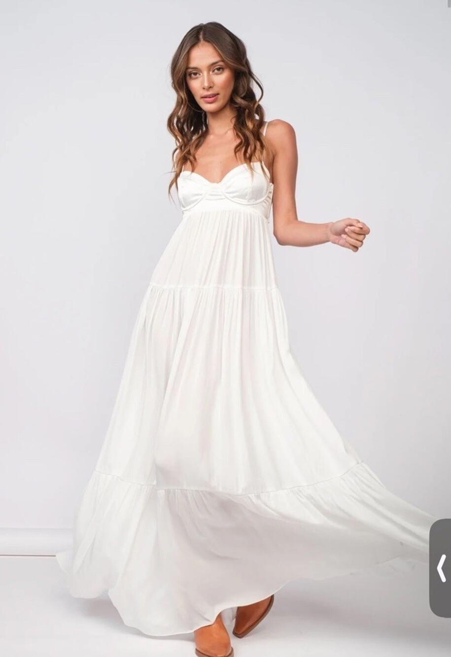 Sky To Moon Blaire White Satin Tiered Maxi Dress Corset Sweetheart Bodice Size M